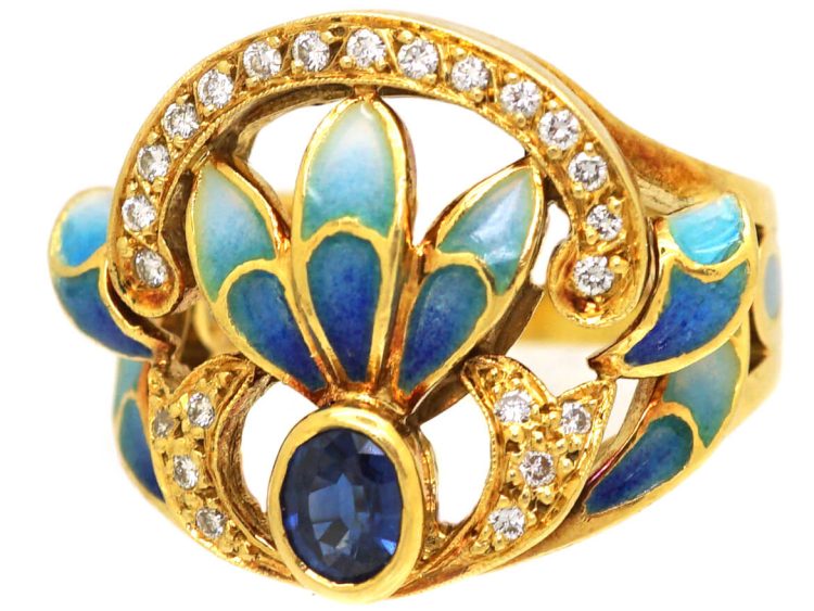 18ct Gold, Sapphire & Diamond Plique-à-Jour Ring by Masriera