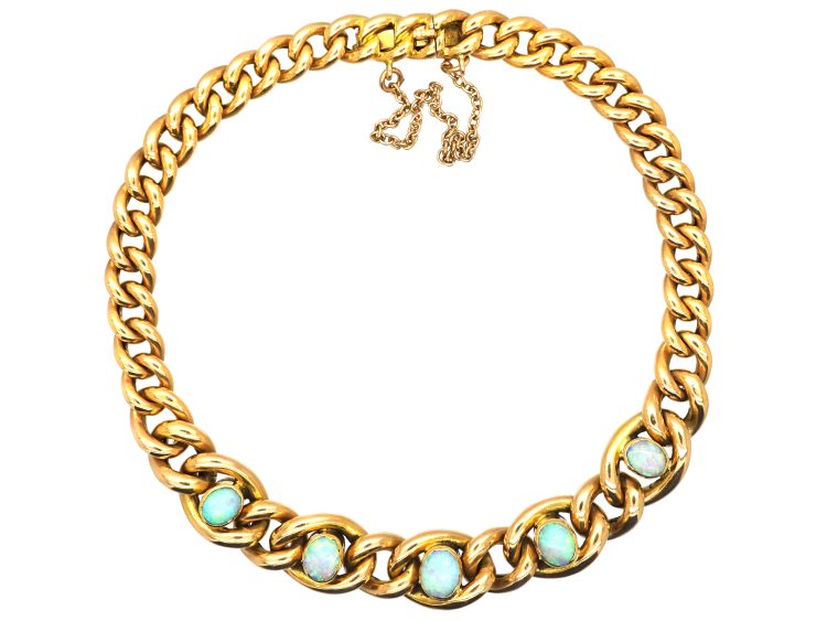 Edwardian 15ct Gold Curb Bracelet set with Five Opals