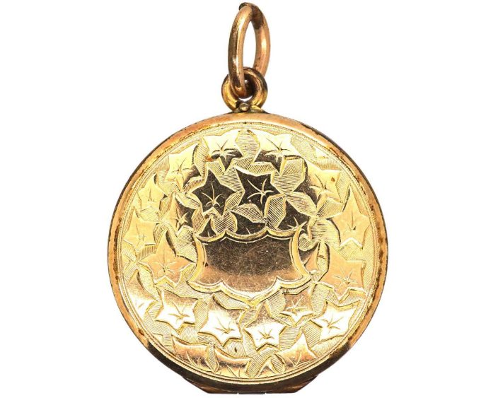 Edwardian 9ct Gold Back & Front Round Locket Engraved with Ivy Leaves