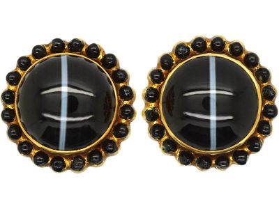Victorian 15ct Gold, Banded Onyx Round Earrings