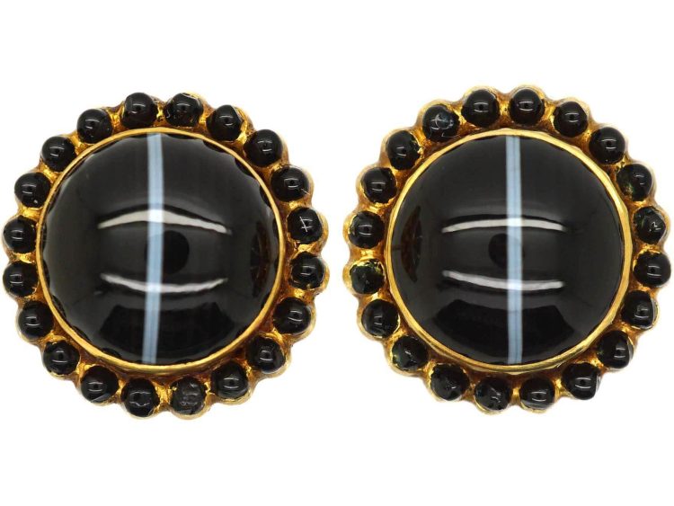 Victorian 15ct Gold, Banded Onyx Round Earrings