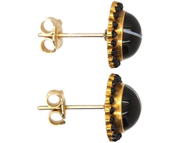 Victorian 15ct Gold, Banded Onyx Round Earrings