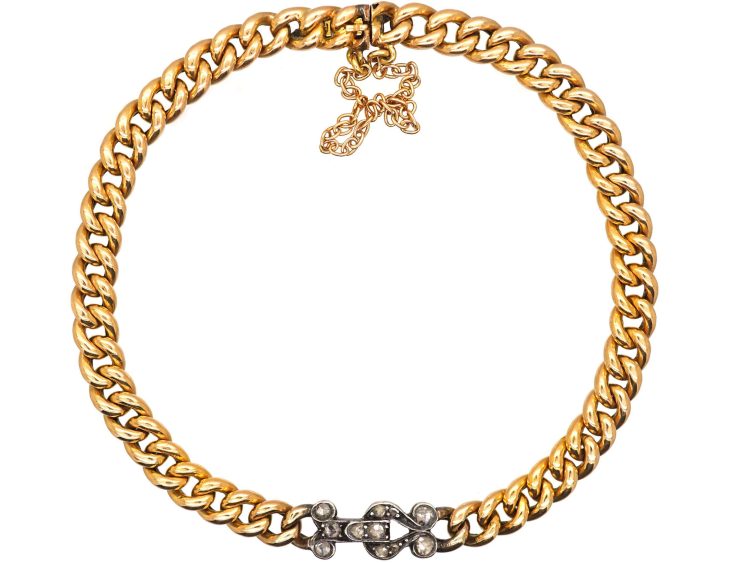 Edwardian 15ct Gold Curb Bracelet with Hook & Eye Rose Diamond Motif