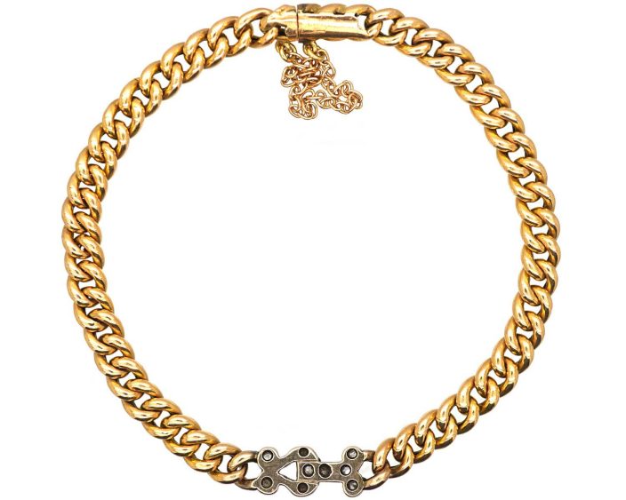 Edwardian 15ct Gold Curb Bracelet with Hook & Eye Rose Diamond Motif