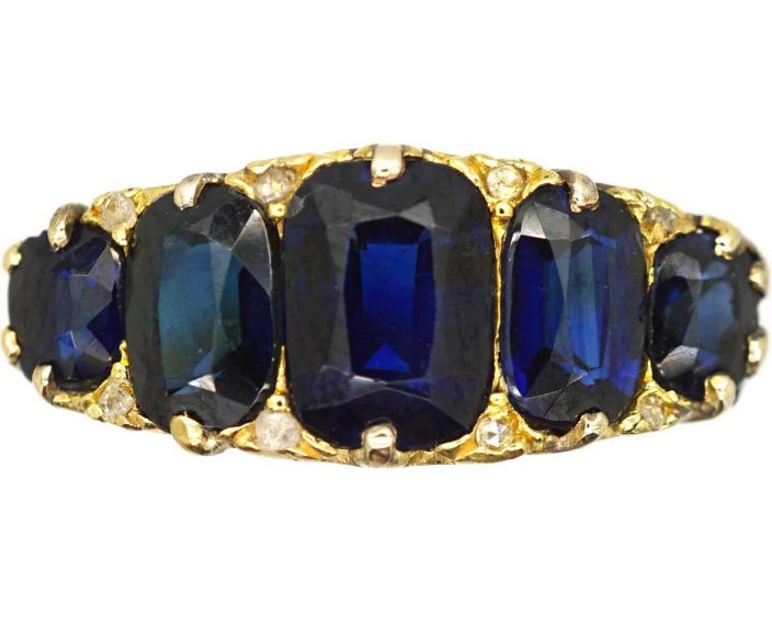 Victorian 18ct Gold, Five Stone Sapphire Carved Half Hoop Ring