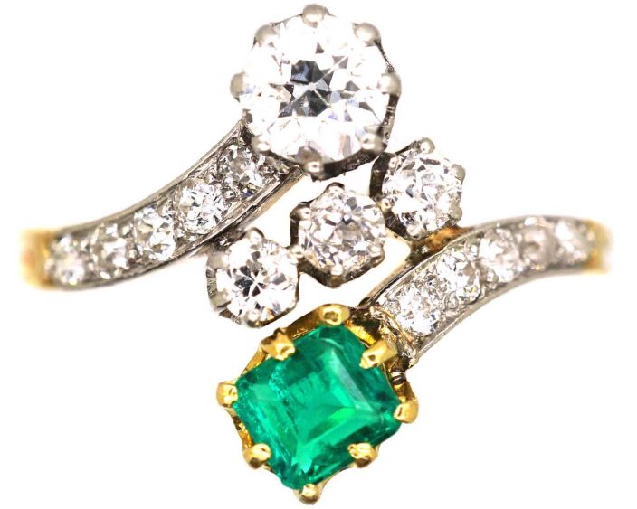 Edwardian 18ct Gold & Platinum, Emerald & Diamond Crossover Ring