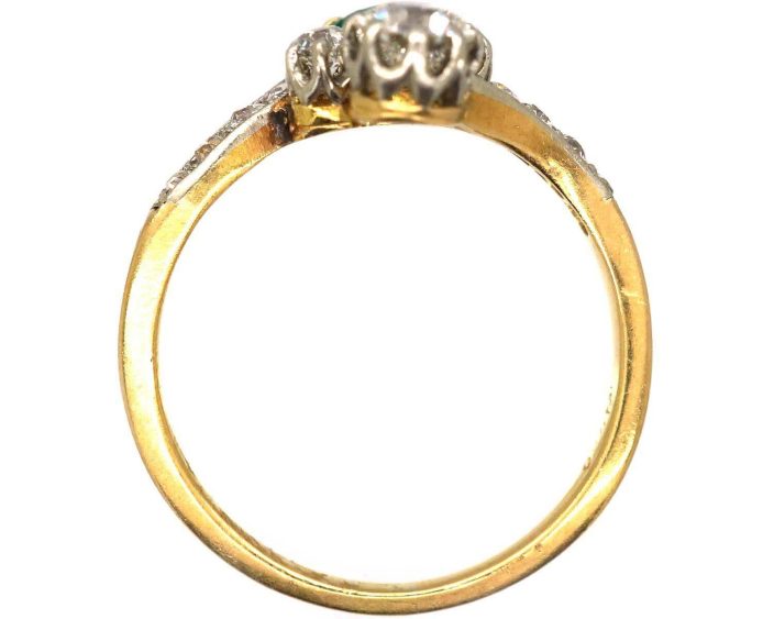 Edwardian 18ct Gold & Platinum, Emerald & Diamond Crossover Ring