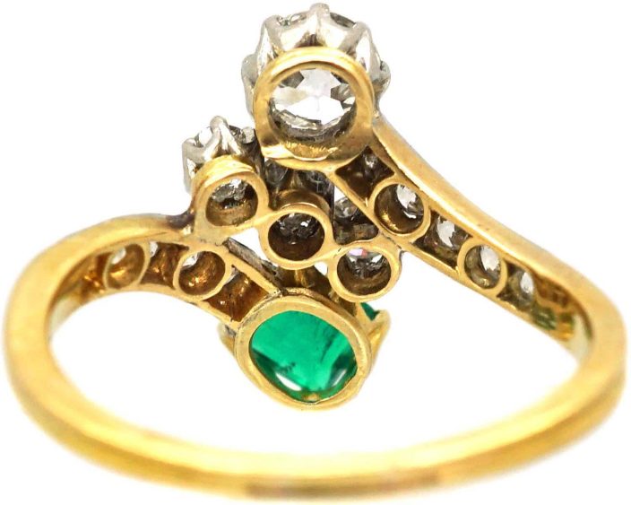 Edwardian 18ct Gold & Platinum, Emerald & Diamond Crossover Ring