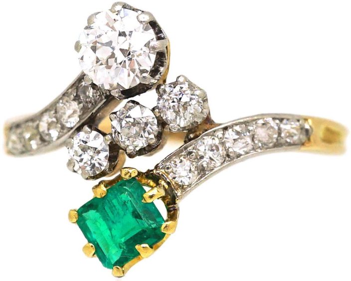 Edwardian 18ct Gold & Platinum, Emerald & Diamond Crossover Ring