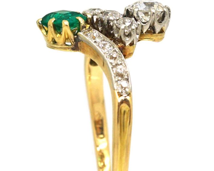 Edwardian 18ct Gold & Platinum, Emerald & Diamond Crossover Ring