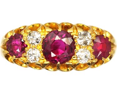 Edwardian 18ct Gold, Three Stone Ruby & Diamond Ring
