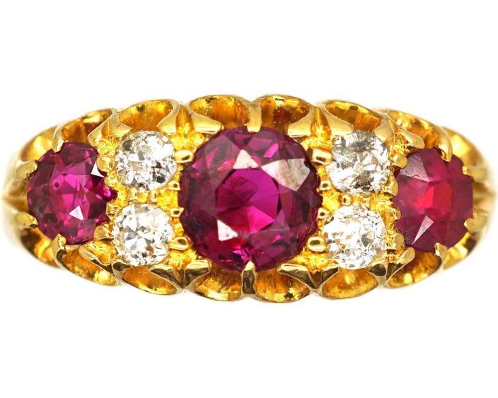 Edwardian 18ct Gold, Three Stone Ruby & Diamond Ring