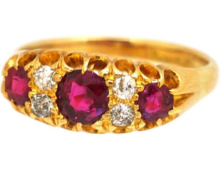 Edwardian 18ct Gold, Three Stone Ruby & Diamond Ring