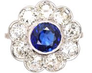 Early 20th Century Platinum Large Sapphire & Diamond Cluster Ring