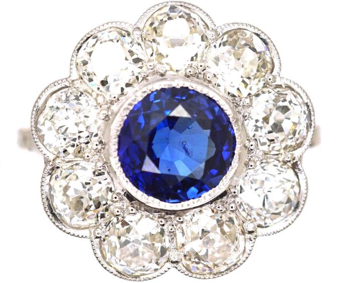 Early 20th Century Platinum Large Sapphire & Diamond Cluster Ring