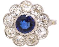 Early 20th Century Platinum Large Sapphire & Diamond Cluster Ring