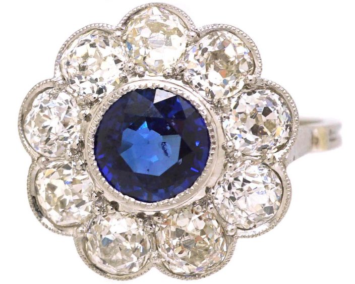 Early 20th Century Platinum Large Sapphire & Diamond Cluster Ring
