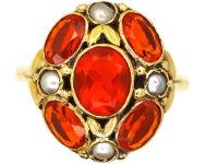Arts & Crafts 18ct Gold Fire Opal & Natural Split Pearl Ring by Bernard Instone
