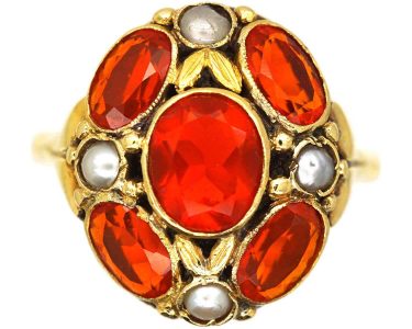 Arts & Crafts 18ct Gold Fire Opal & Natural Split Pearl Ring by Bernard Instone