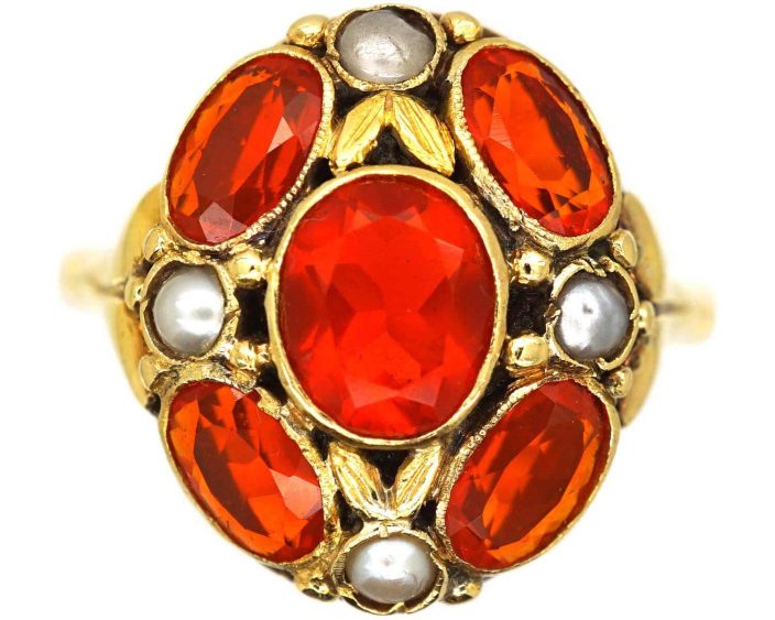 Arts & Crafts 18ct Gold Fire Opal & Natural Split Pearl Ring by Bernard Instone