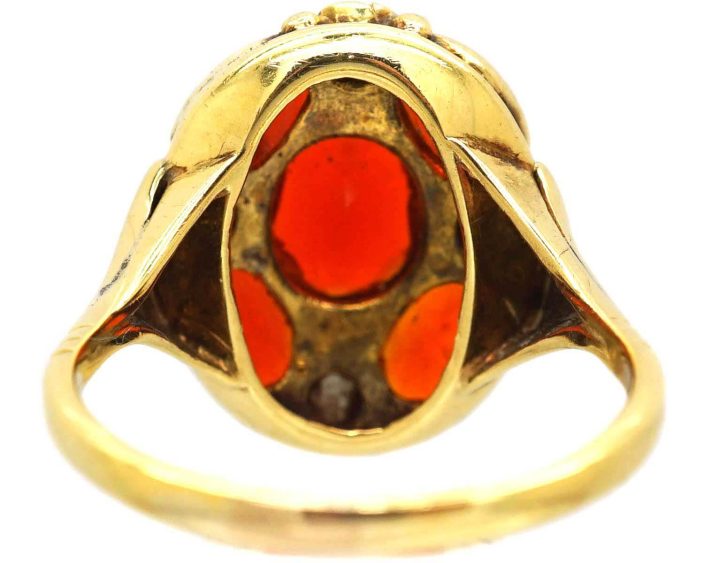 Arts & Crafts 18ct Gold Fire Opal & Natural Split Pearl Ring by Bernard Instone