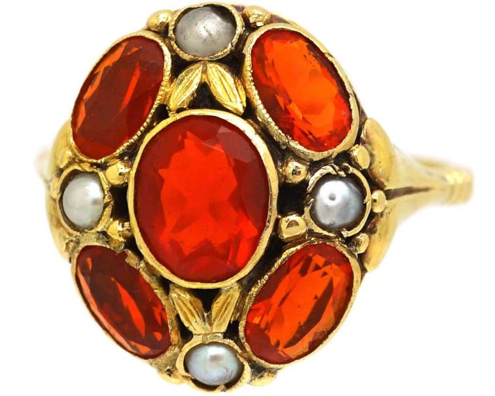 Arts & Crafts 18ct Gold Fire Opal & Natural Split Pearl Ring by Bernard Instone