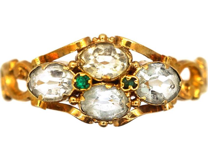 Early Victorian 15ct Gold Ring set with Four Aquamarines & Small Emeralds