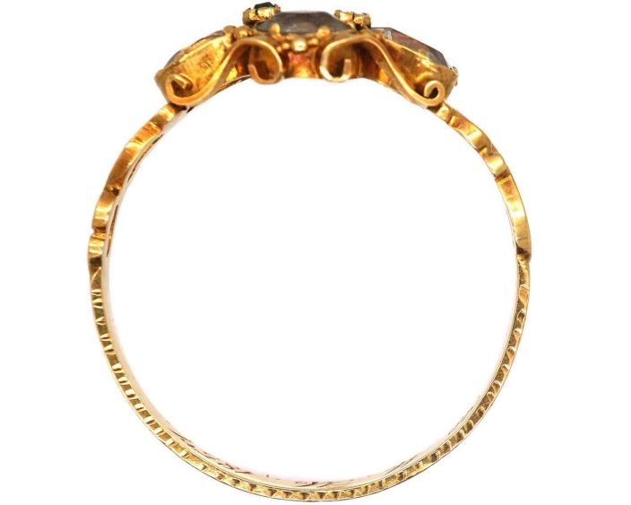 Early Victorian 15ct Gold Ring set with Four Aquamarines & Small Emeralds