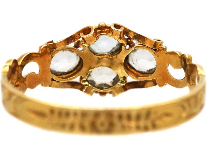 Early Victorian 15ct Gold Ring set with Four Aquamarines & Small Emeralds