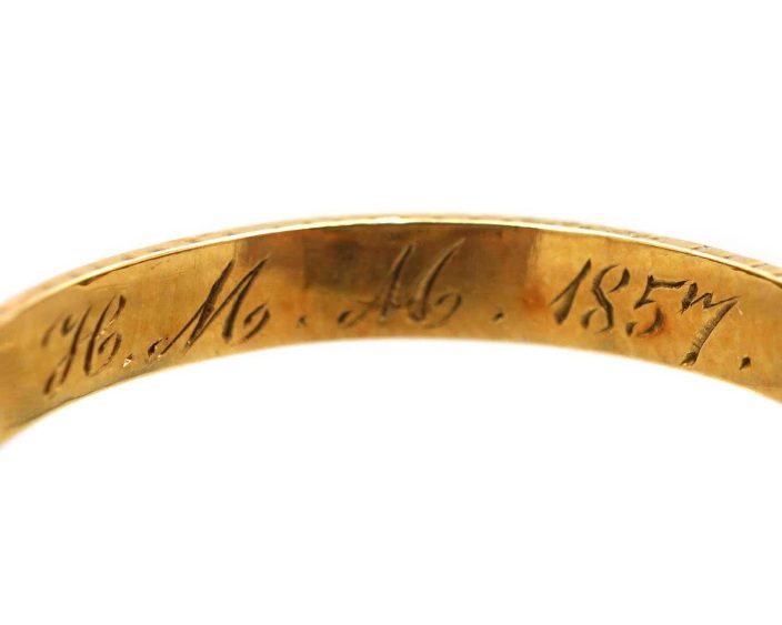 Early Victorian 15ct Gold Ring set with Four Aquamarines & Small Emeralds