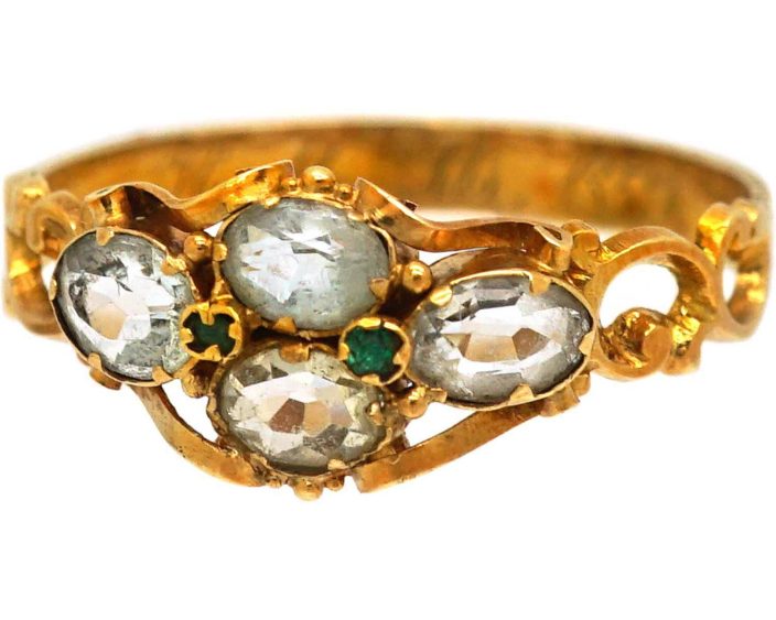 Early Victorian 15ct Gold Ring set with Four Aquamarines & Small Emeralds
