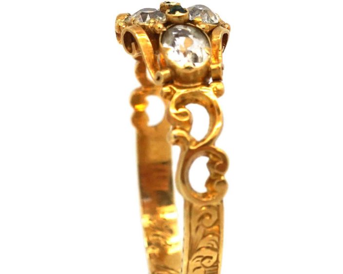 Early Victorian 15ct Gold Ring set with Four Aquamarines & Small Emeralds