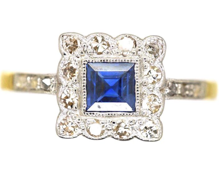 Art Deco 18ct Gold & Platinum Square Ring set with a Sapphire & Diamonds