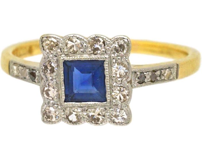 Art Deco 18ct Gold & Platinum Square Ring set with a Sapphire & Diamonds