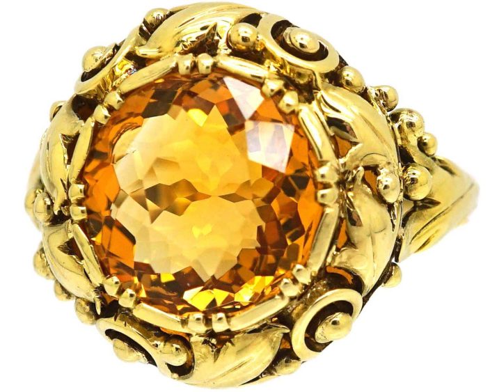 Early 20th Century 14ct Gold Arts Crafts Ring set with a Citrine attributed To Marius Hammer