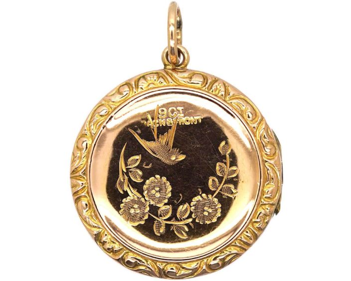 Edwardian 9ct Gold Back & Front Locket with Swallow & Rose Detail