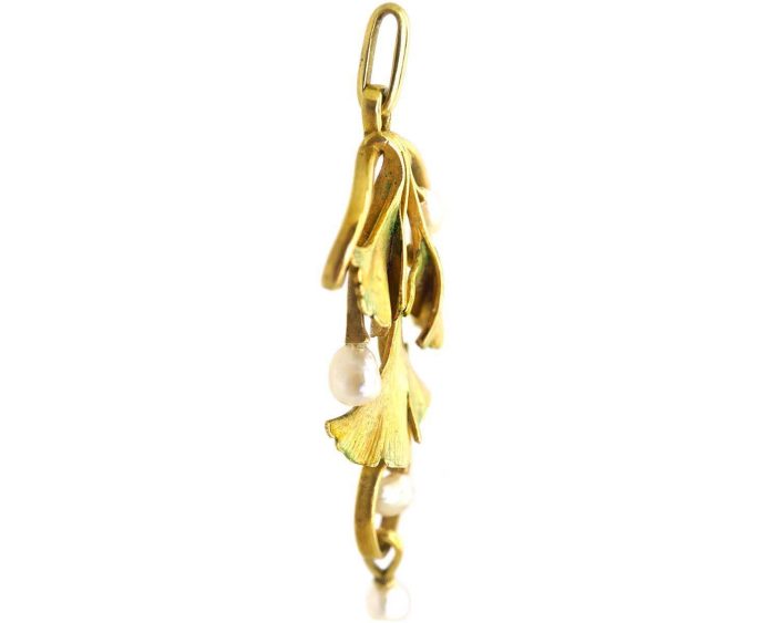 Art Nouveau 18ct Gold & Enamel Pendant with Natural Baroque Pearl Drops
