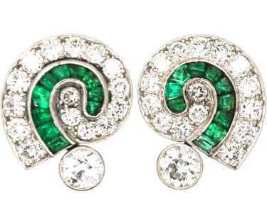 Art Deco Platinum, Emerald & Diamond Swirl Earrings