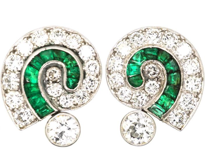 Art Deco Platinum, Emerald & Diamond Swirl Earrings
