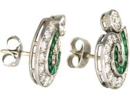 Art Deco Platinum, Emerald & Diamond Swirl Earrings