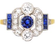 Art Deo 18ct Gold & Platinum Geometric Ring set with Sapphires & Diamonds