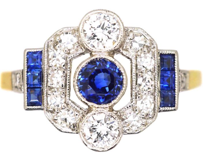 Art Deo 18ct Gold & Platinum Geometric Ring set with Sapphires & Diamonds