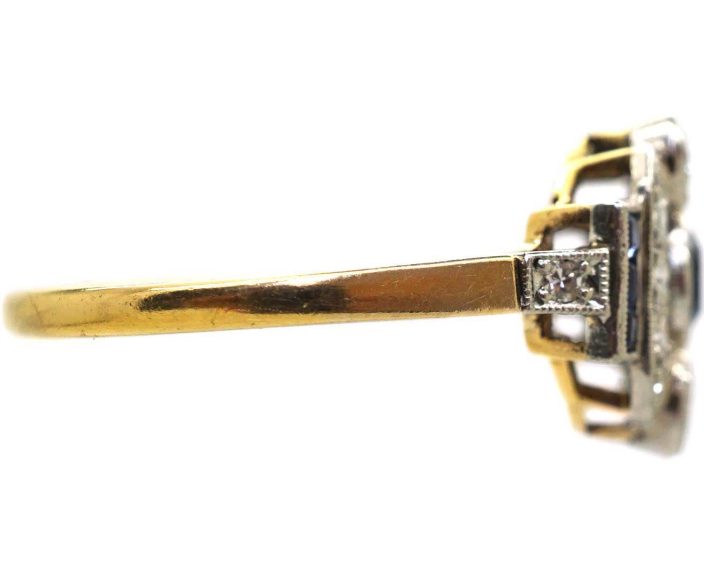 Art Deo 18ct Gold & Platinum Geometric Ring set with Sapphires & Diamonds