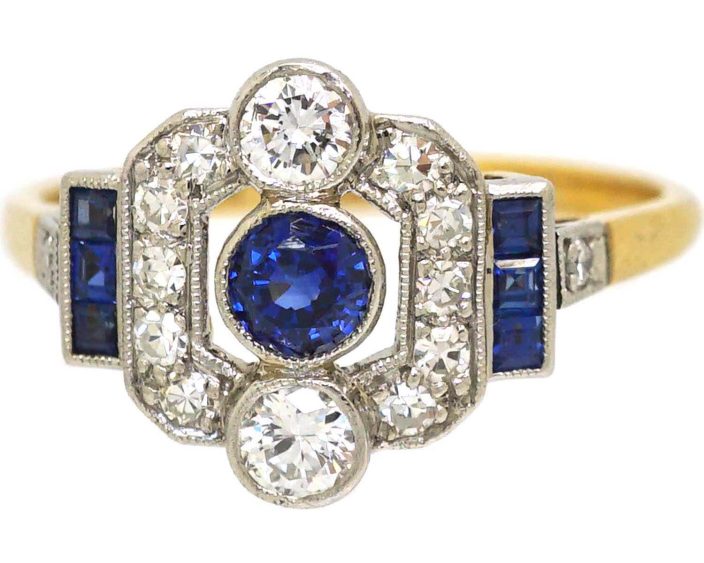 Art Deo 18ct Gold & Platinum Geometric Ring set with Sapphires & Diamonds
