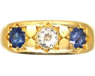 Victorian 18ct Gold, Three Stone Sapphire & Diamond Gypsy Ring