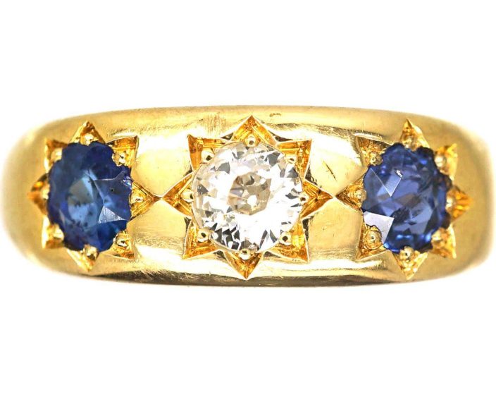 Victorian 18ct Gold, Three Stone Sapphire & Diamond Gypsy Ring