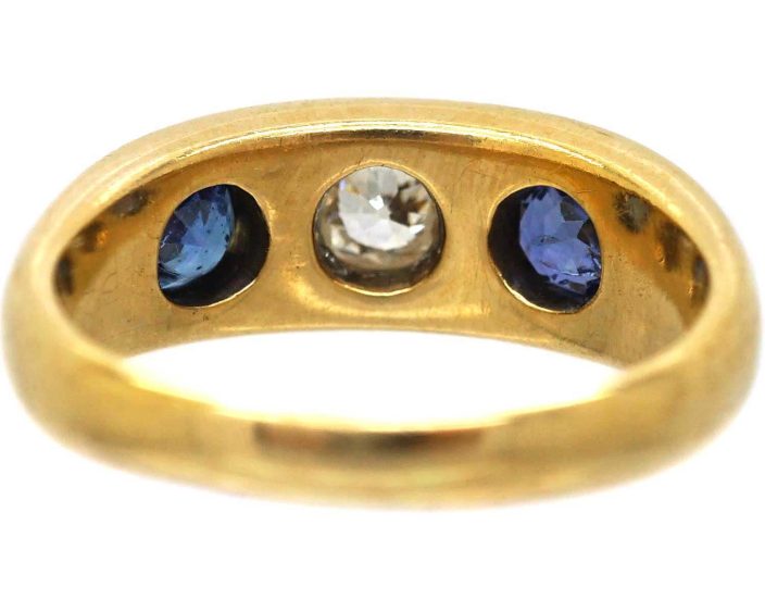 Victorian 18ct Gold, Three Stone Sapphire & Diamond Gypsy Ring