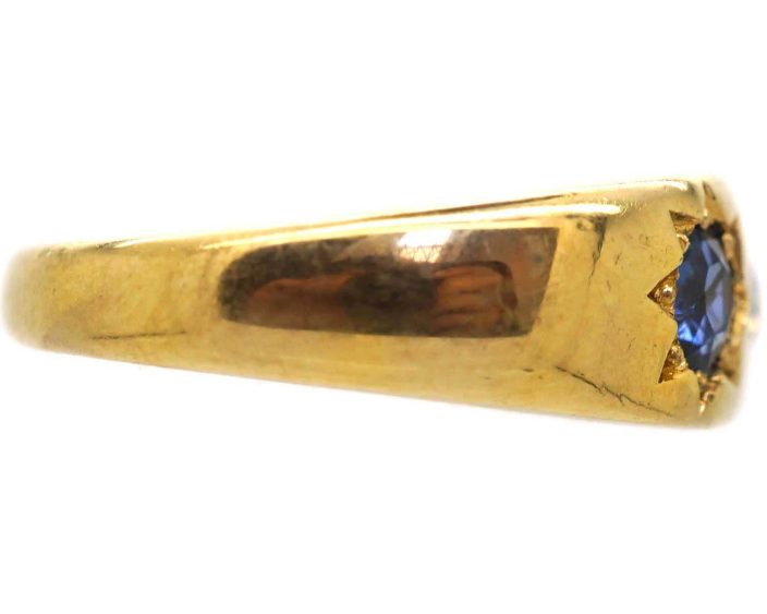 Victorian 18ct Gold, Three Stone Sapphire & Diamond Gypsy Ring
