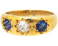 Victorian 18ct Gold, Three Stone Sapphire & Diamond Gypsy Ring