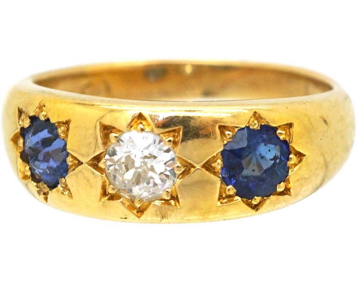 Victorian 18ct Gold, Three Stone Sapphire & Diamond Gypsy Ring